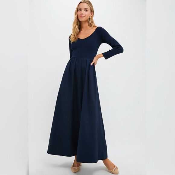 New Tuckernuck - L Navy Clea Maxi Dress Long Sleeves $228 - Picture 2 of 11
